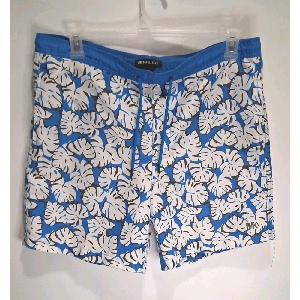 Michael Kors Men's Size M Medium Blue Floral Swim Shorts Drawstring Waist Trunks